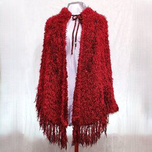 Red & Black Shag Shawl Sweater With Sleeves & Fringe